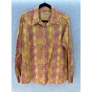 Wrangler Women's sz L VTG Inspired Snap Shirt Mustard Purple Print Western BOHO